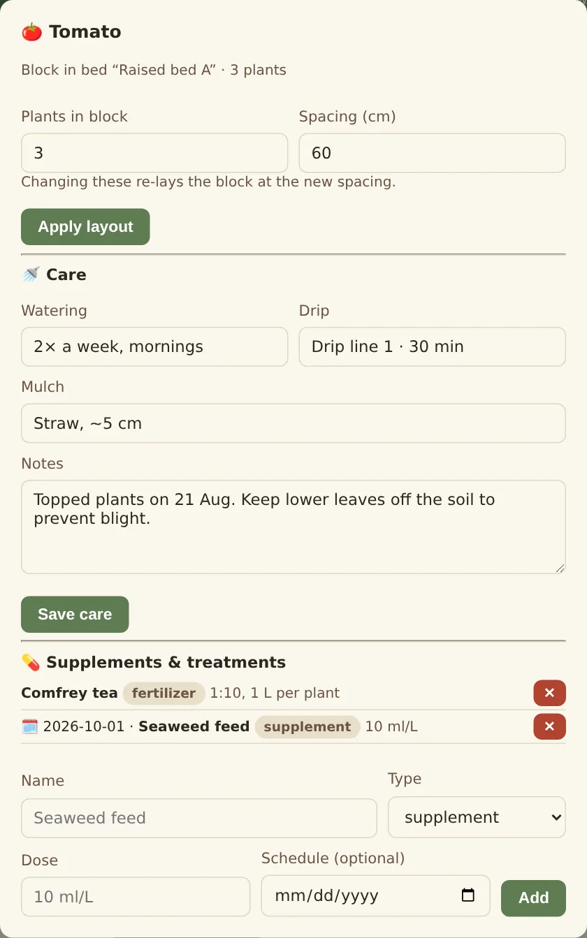 Block care card with watering, drip, mulch and notes, and a list of organic supplements and treatments