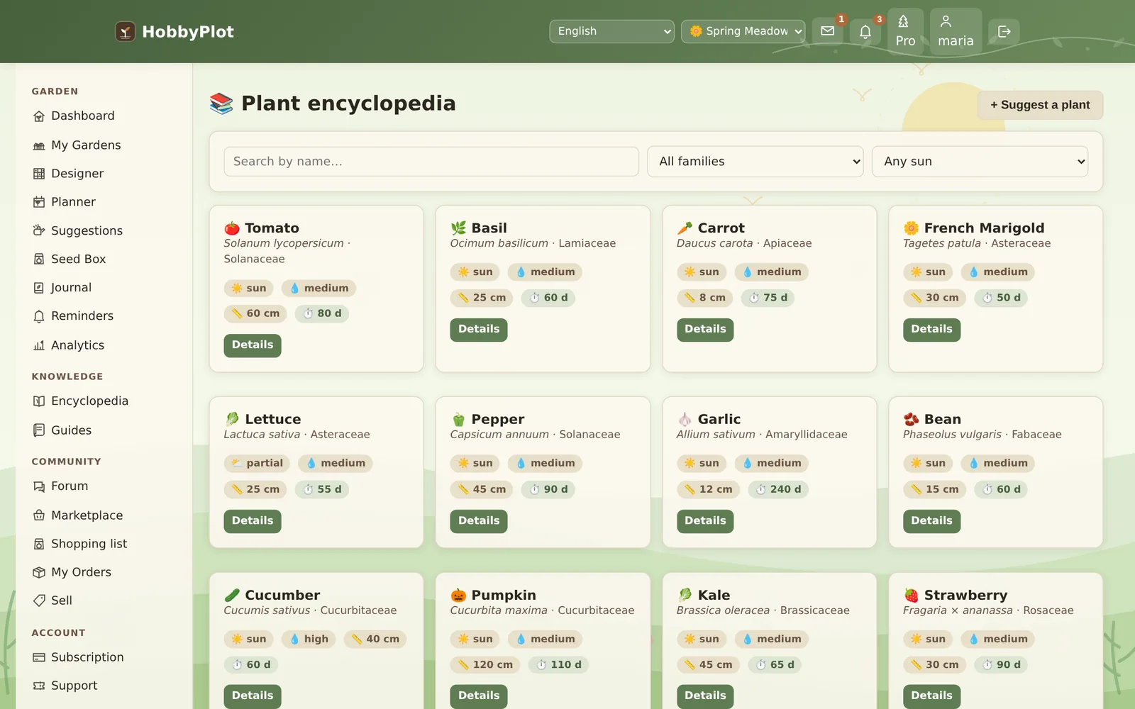 Plant encyclopedia grid with search and filters, showing tomato, basil, carrot, marigold and other plants