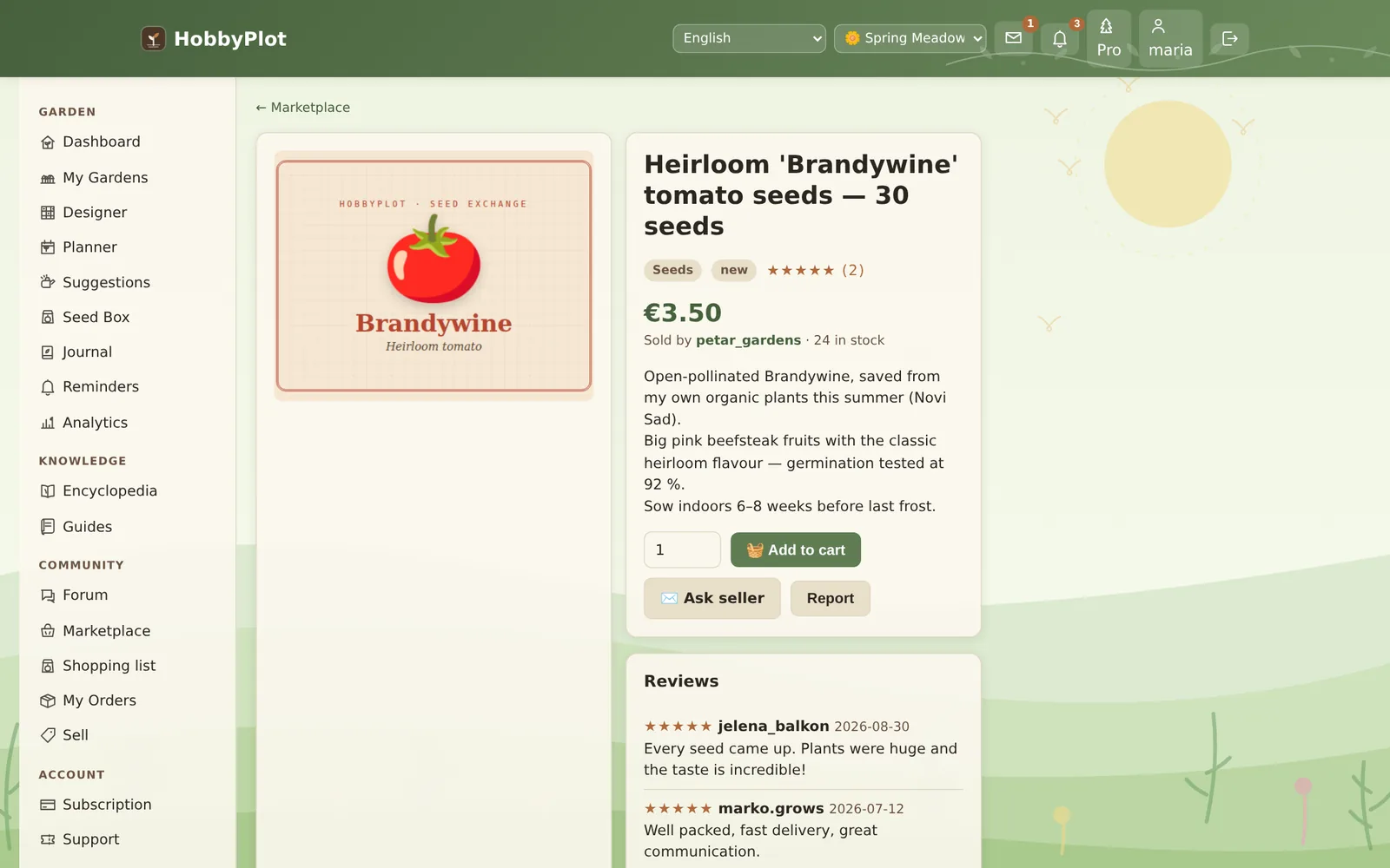 Listing page for heirloom Brandywine tomato seeds with price, description, add-to-cart and buyer reviews