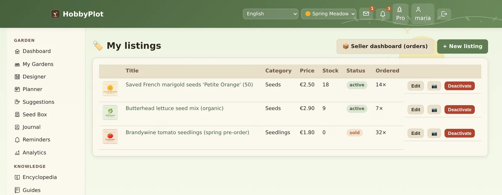 Seller dashboard listing saved marigold seed, lettuce seed mix and tomato seedlings with price, stock, status and order counts