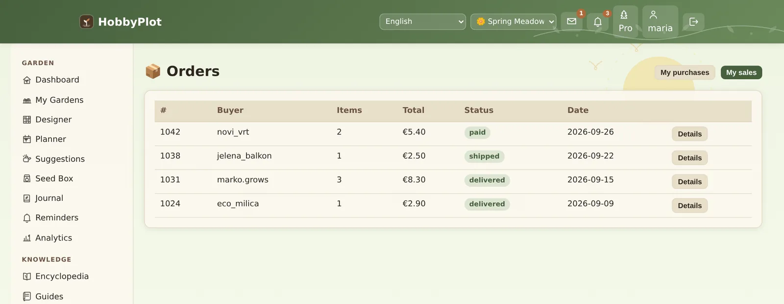 Orders page showing sales with buyer, item count, total, status and date