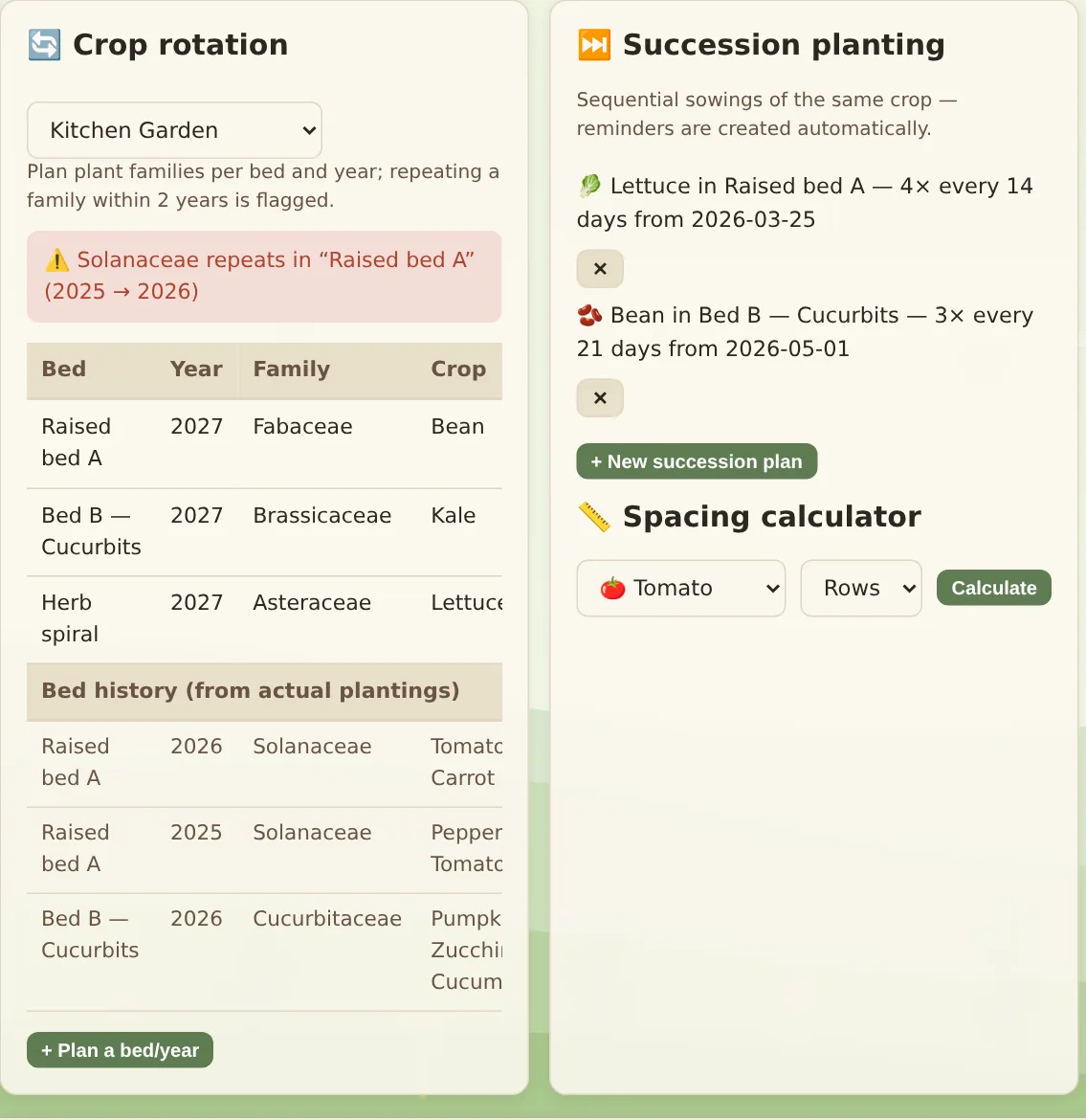 Crop rotation table with a warning that Solanaceae repeats in the same bed, next to succession plans and a spacing calculator