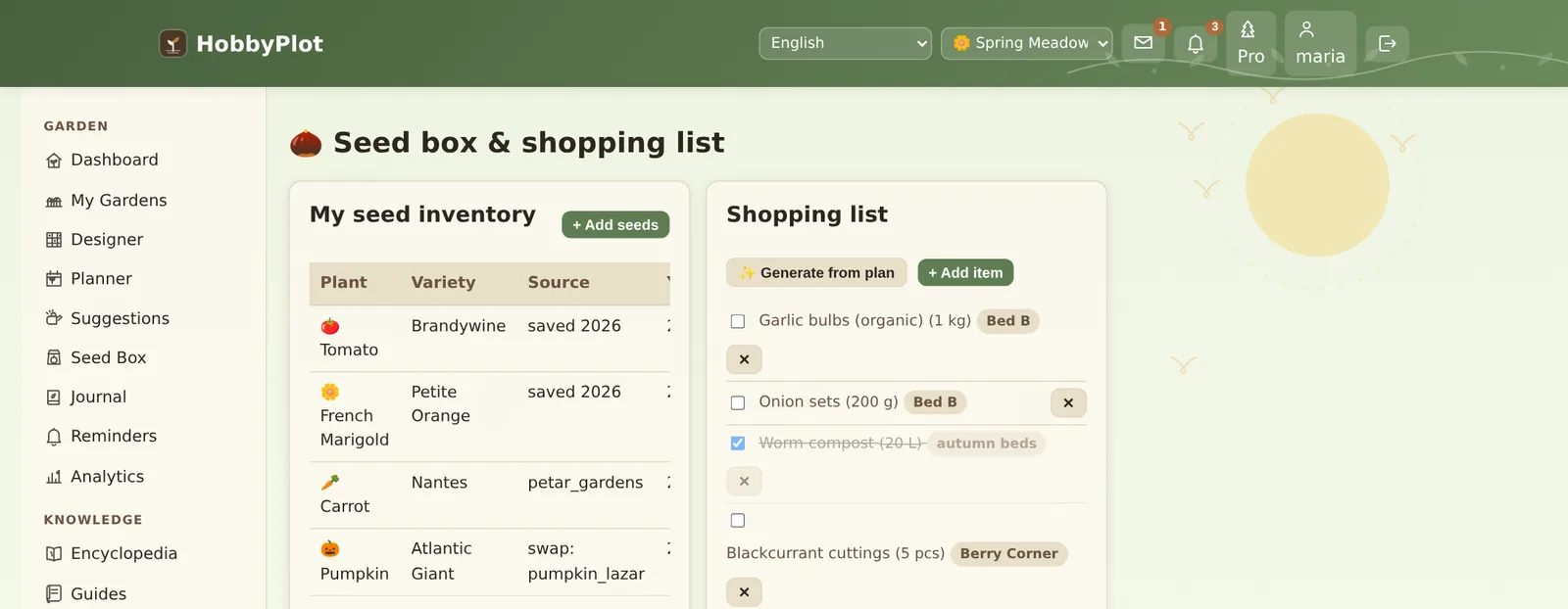 Seed box with an inventory of saved seed next to a shopping list generated from the garden plan
