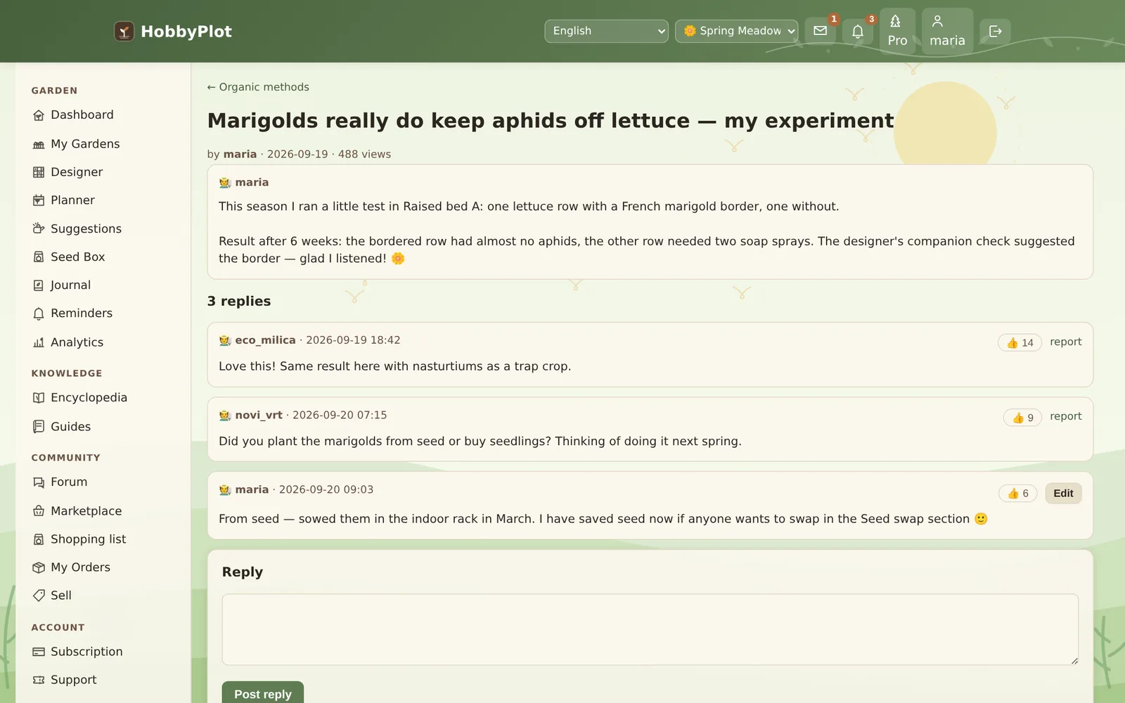 Forum topic about marigolds keeping aphids off lettuce, with replies and like buttons